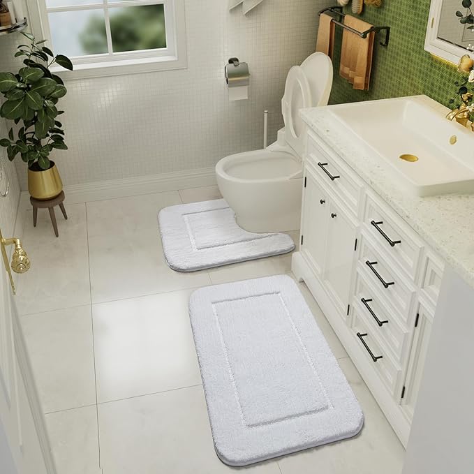 LOCHAS Bathroom Rug Set White, Soft Bath Rug Set 2 Piece, Toilet Mat U-Shaped 20x20 and 34x20 Bath Rugs, Quickly Dry Mats for Bathroom, Tub, Washable, Super Absorbent Floor Mat