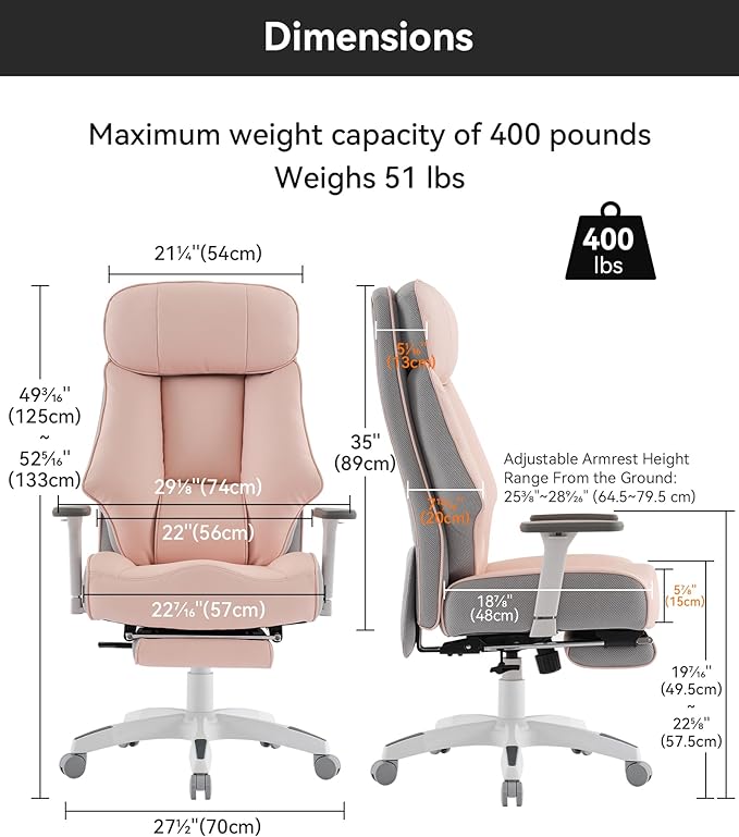DJ·Wang Big and Tall Office Chair 400lbs with Foot Rest, High Back Executive Office Chair with Extra-Thick Spring Cushion, Ergonomic Leather Chairs Pink