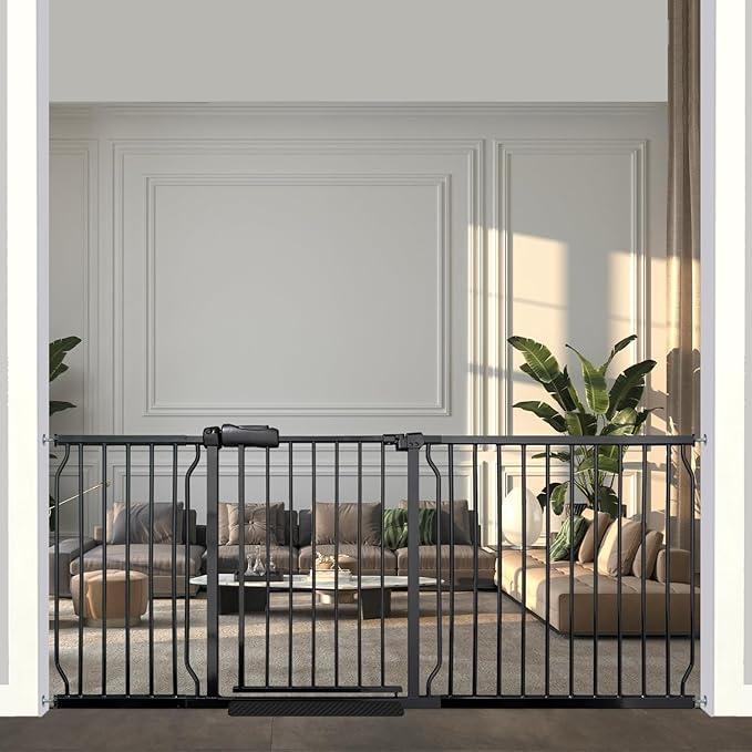 71.5-76.3 Inch Extra Wide Baby Gate, Heavy-Duty Metal Safety Gate for Stairs & Hallways, Black Pressure Mounted with Extension Kit