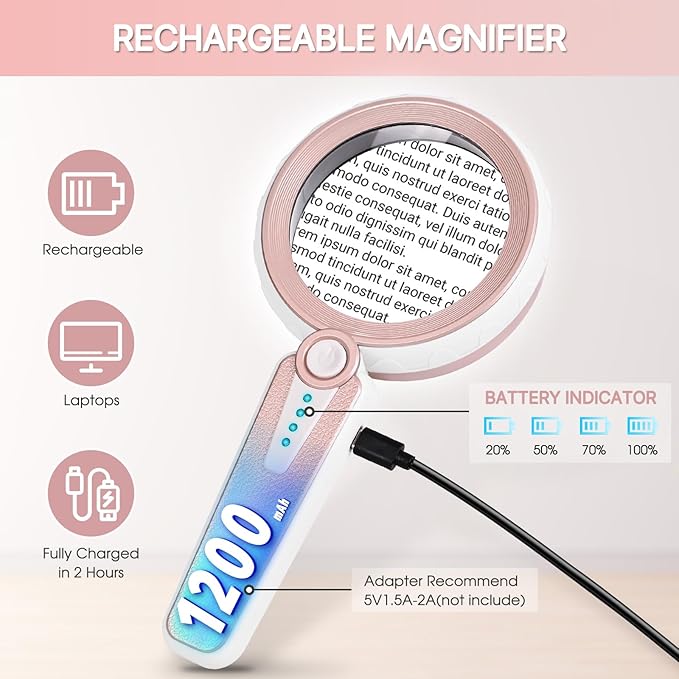 45X Magnifying Glass with Light, 1200mAh Rechargeable, 6 Light Modes, 4.6In Large Handheld Magnifier for Women, Low Vision Seniors with Macular Degeneration, Reading, Jewelry, Coins - Pink