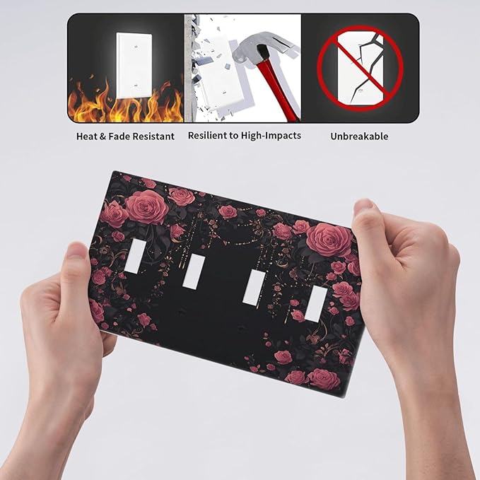 Light Switch Covers Dark Background Red Rose Leaf Quad Toggle Electrical Faceplate 4 Gang Wall Plate Decorative Switch Plates for Bedroom living Room Decor