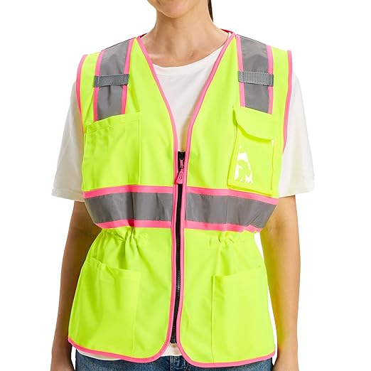 Hi Vis Safety Vest for Women,Working Drawstring Waist Construction Vest with Pockets and Zipper,Womens Safety Vest,ANSI Type R Class2