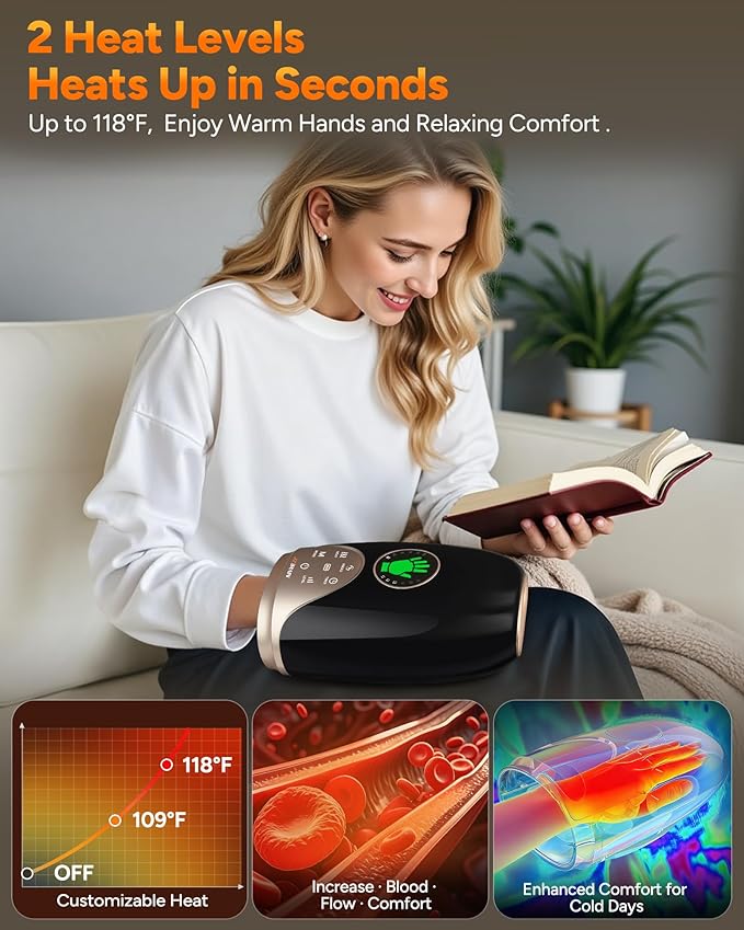 Hand Massager with Heat and Compression : Hand and Wrist Massager with Customizable Modes, Finger Stretch Function, Visual Display, Palm Roller - Daily Comfort for Women, Men, Home, Office Use