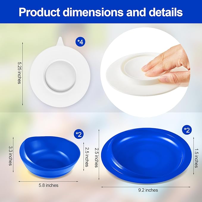 Hushee Adaptive Spill Proof Scoop Bowl and Plate Set with Suction Base Non Skid Self Feed Dinnerware for Elderly Disabled Handicapped from Parkinsons, Dementia, Stroke, Tremor(2 Sets,Blue)