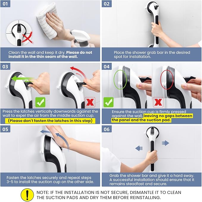 Shower Grab Bar Suction Cup 17 inch, Grab Bars for Bathtubs, Bathroom Safety Grip Shower Handle for Elderly and Seniors, Bath Handrails Removable & Reusable Waterproof, No Drilling, Black