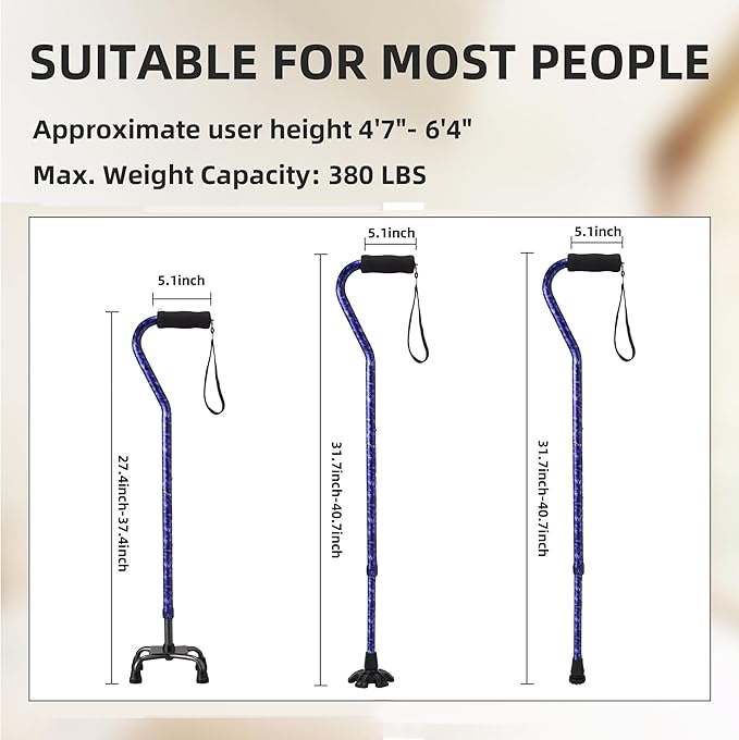 Walking Cane for Women & Men, Adjustable Quad Cane with 4-Prong Base for Stability and Balance, Folding Aluminum Walking Stick for Seniors