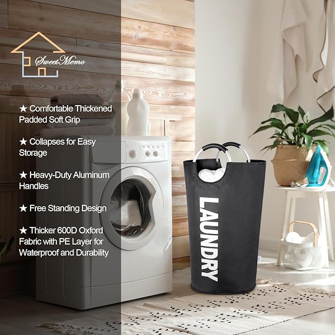 Laundry Basket 2 Pack Collapsible, Freestanding Clothes Hamper Bag with Handles – Tall Folding Dirty Laundry Bin，Sturdy Laundry Sorter for College Dorm, Laundry Room – 95L (Black)