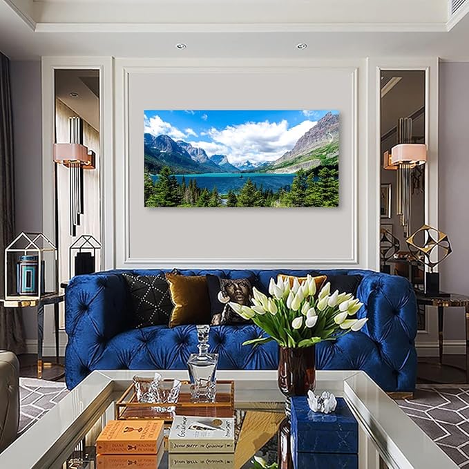 Landscape Saint Mary Lake Canvas Wall Art for Living Room Wall Decor Glacier National Park Canvas Pictures Blue Sky Mountain Forest Nature Scene Painting Artwork Home Office Decorations 24" x 48"