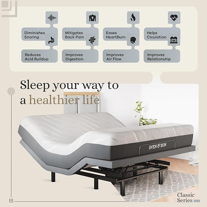 Sven & Son Classic Adjustable Bed Base, Head and Foot Lift, Massage, Under-Bed Lights, USB, Gel Memory, Zero Gravity Smart Frame - King + 12 inch Memory Foam Matt (Medium)