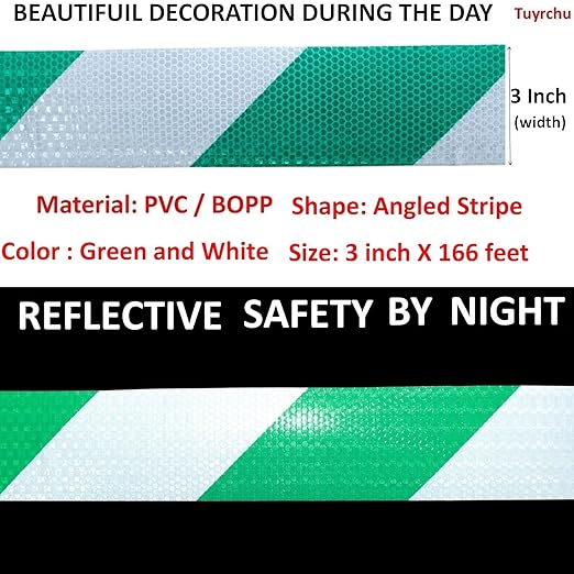 Green and White Reflective Tape Outdoor Waterproof 3 inch X 166 feet, High Visibility Hazard Conspicuity Safety Marking Tape