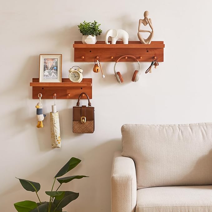 Wall Mounted Hook with Shelf, 23.62in Entryway Wall Hanging Shelf, Solid Wood Coat Hooks, for Bathroom, Kitchen, Cherry Wood Color YD-WS0260C