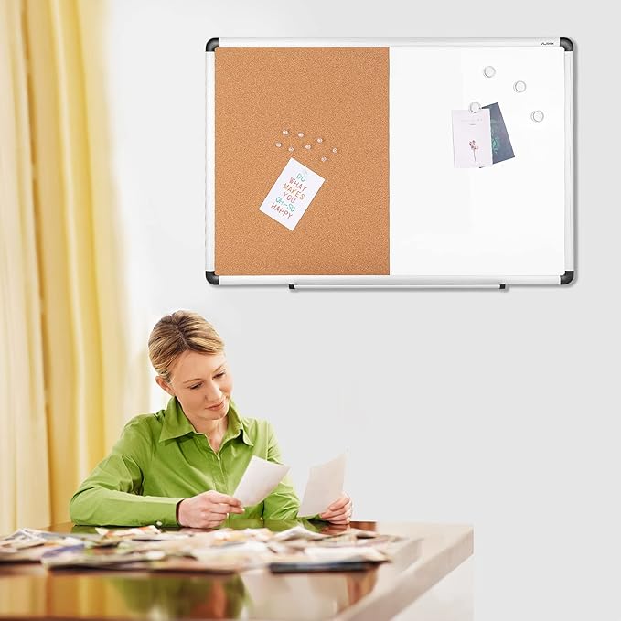 VUSIGN White and Cork Board Combination, 24" x 36" Dry Erase and Corkboard Combo for Home or Office, Wall Mounted Notice Bulletin With Aluminum Frame