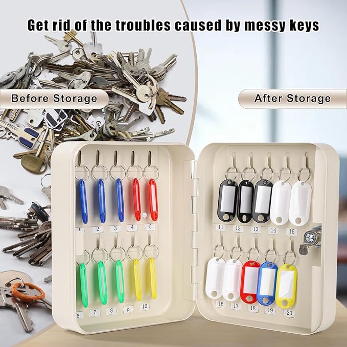KYODOLED Key Cabinet Wall Mount, Locking Key Organizer, Key Storage Lock Box with Key, Key Management with 20 Key Hooks & Tags Key Labels, 7.87" x 6.29" x 3.14" (Beige, 20 Key)