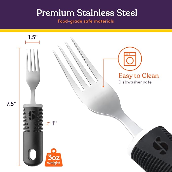 Special Supplies Adaptive Utensils (5-Piece Kitchen Set) Wide, Non-Weighted, Non-Slip Handles for Hand Tremors, Arthritis, Parkinson’s or Elderly Use - Stainless Steel (Black)