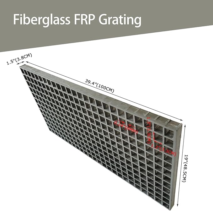 3.3ft*1.6ft Fiberglass Grating 1.5'' Thickness Gray Car Wash Grille Rectangle FRP Floor Grid for Floors Outdoor Drain Cover (1 PC)