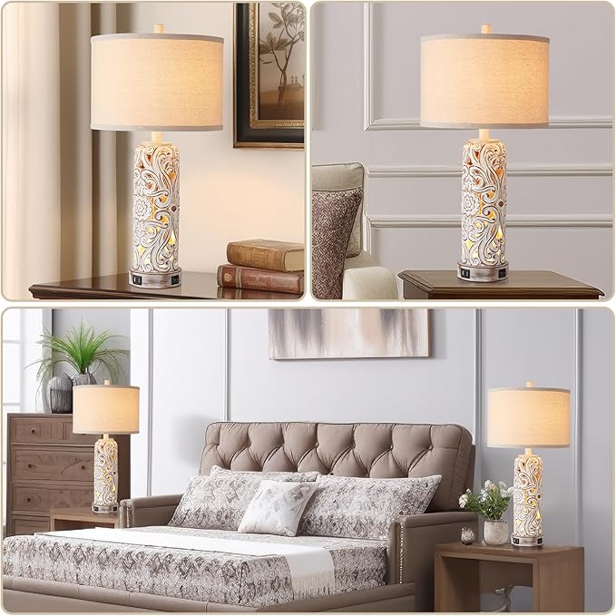 Set of 2 Rustic Farmhouse Table Lamps for Living Room Bedroom, Vintage Bedside Lamp with Dual USB Port, Antique White Resin Retro Nightstand Lamps with Night Light