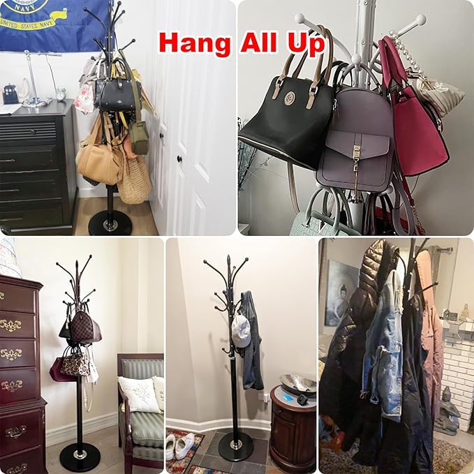 Kertnic Metal Coat Rack Stand with Natural Marble Base, Free Standing Hall Tree with 12 Hooks for Hanging Scarf, Bag, Jacket, Home Entry-way Hat Hanger Organizer (Black)