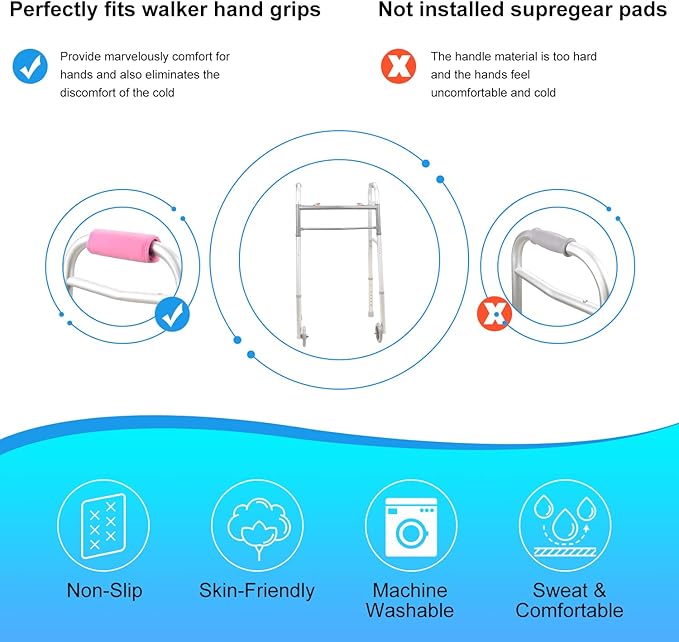 supregear Walker Grips (2 Pack), Soft Padded Hand Covers, Non-Slip Comfortable Cushion Padding for Folding Walker Handle, Moisture Wicking Mobility Accessory