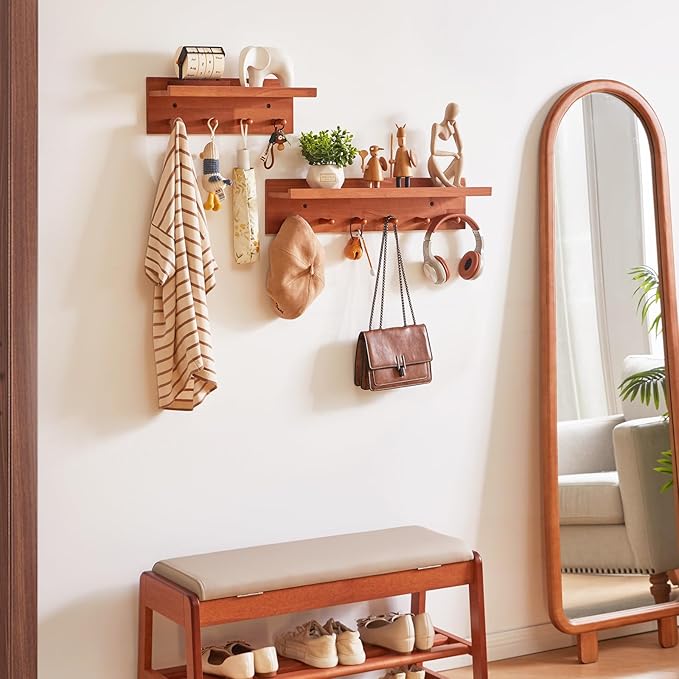 Wall Mounted Hook with Shelf,15.75in Entryway Wall Hanging Shelf, Solid Wood Coat Hooks, for Bathroom, Kitchen, Cherry Wood Color YD-WS0240C