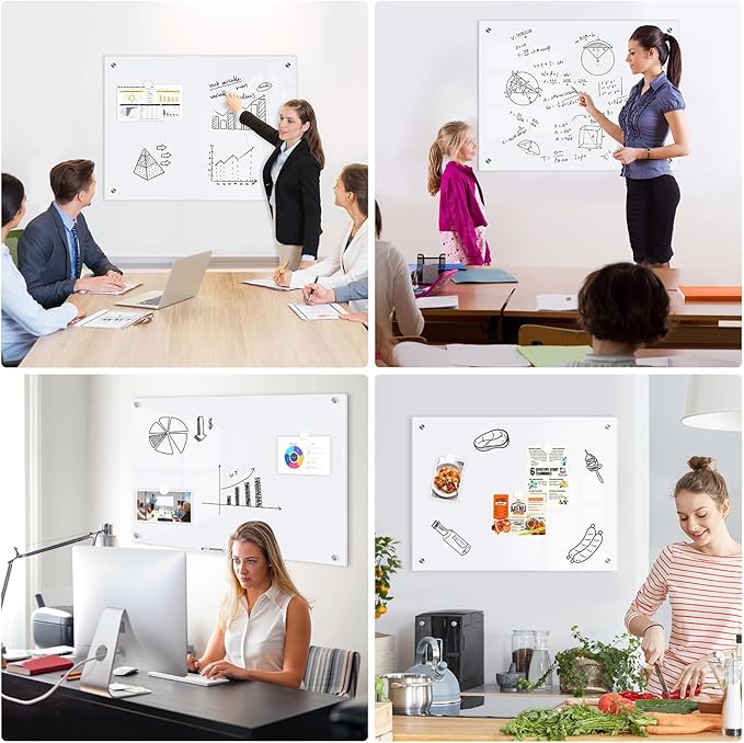 Magnetic Glass Whiteboard, 36" x 24" Glass Dry Erase Board for Wall, Large Frameless White Board with 1 Marker Tray and 3 Magnets for Office, Home, Classroom - Ultra White