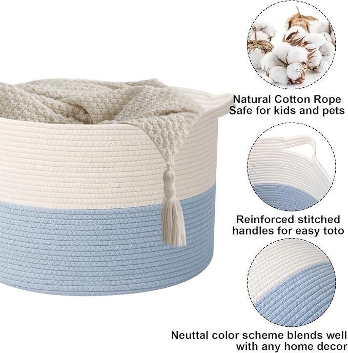 Large Storage Basket with Handle,19.7" L x 19.7" W x 13" H Blanket Basket Storage Bins for Organizing,65L Cotton Rope Woven Baskets for Living Room, Nursery ,Bedroom,White&Blue