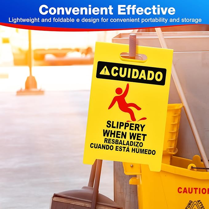 MATTHEW CLEANING 19'' Industrial Wet Floor Sign 6 Pack 2-Sided Durable Corrugated Plastic Birght Yellow Multilingual Warning Signs Commercial Caution Wet Fold-out Floor Signs For Indoors