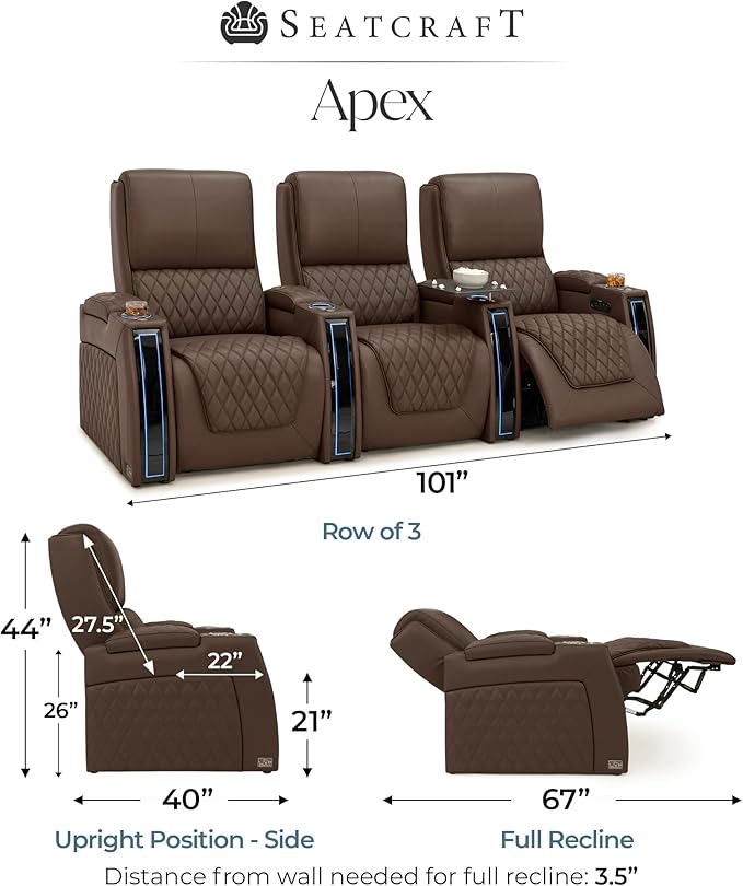 Seatcraft Apex Home Theater Seating, Living Room, Powered Headrest, Powered Lumbar, Powered Recline, Italian Leather, USB Charging, Row of 3, Brown