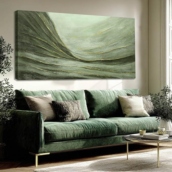 MLART99 Large Green and Gold Abstract Canvas Wall Art 24x48 Inch Modern Minimalist Painting for Living Room Bedroom Office Above Couch Wall Decoration Home Décor