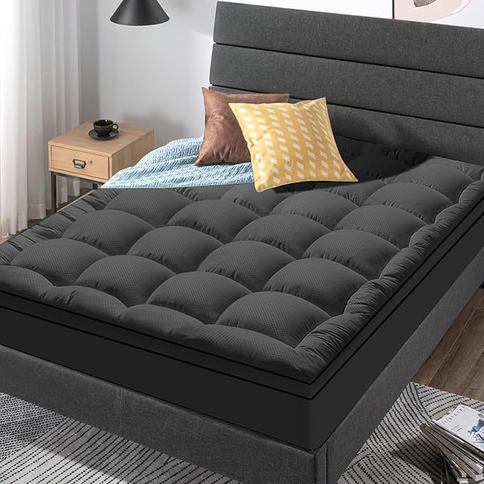 Queen Size Mattress Topper for Back Pain, Cooling Extra Thick Mattress Pad Cover with 8-21 inch Deep Pocket, Plush Pillow Top Mattress Topper Overfilled with Down Alternative, Queen Size, Black