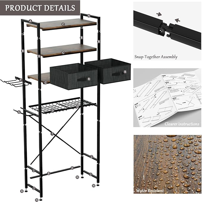 homyfort Over The Toilet Storage Cabinet, 4-Tier Bathroom Shelves Over Toilet, Easy Installation with Drain Basket, X Shape Side Guardrail, Freestanding Toilet Rack for Balcony, Laundry
