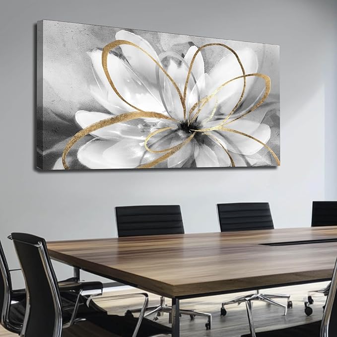 SOUGUAN Flower Wall Room Decor Gold Decoration White Flower Artwork for Living Room Office Dining Room 24x48 Inch