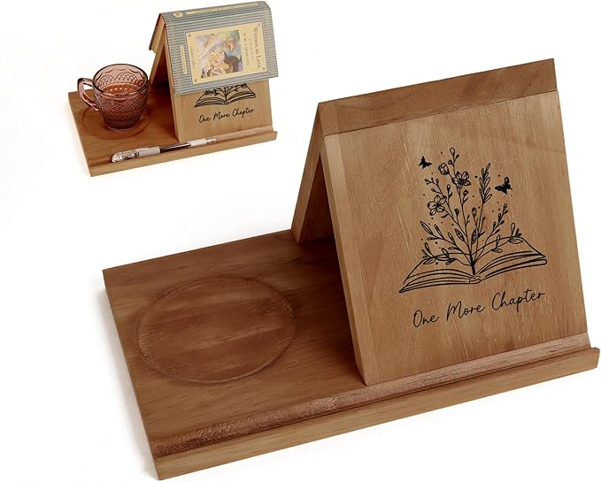 Wooden Triangle Bookmark, Small Bookshelf with Drink Holder, Wood Book Reading Rest with Slotted, Book Corner Display Triangle Book Holder (Brown)