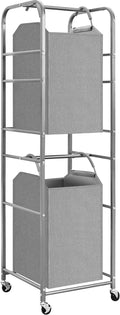 STORAGE MANIAC 2 Tier Vertical Laundry Hamper, 2 Section Laundry Sorter with 2 Removable Tote Bags, Rolling Clothes Basket for Towels, Blankets, Tall Dirty Clothes Hamper for Closet, Bathroom, 2 Bags
