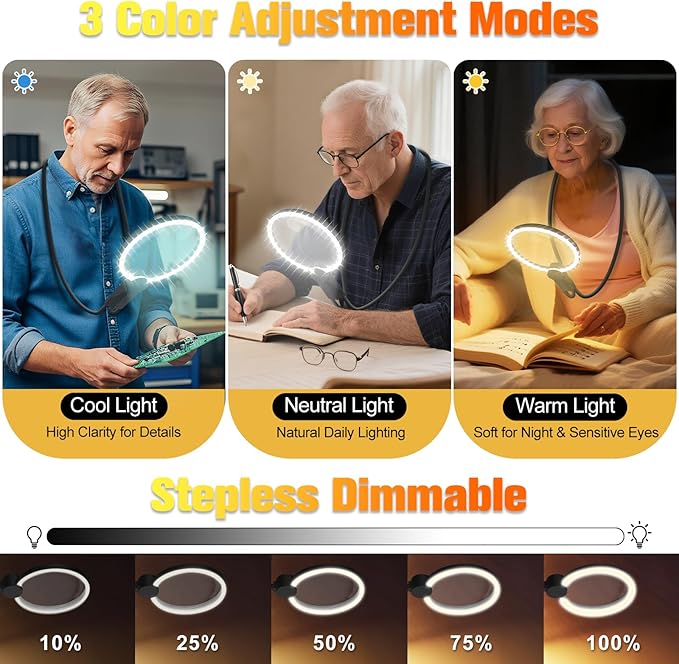 Hands Free Magnifying Glass with Light for Close Work, 5.5 Inch 5X Lighted Magnifying Glass, Neck Wear Magnifier for Reading Books, Sewing, Cross Stitch, Low Vision Seniors with Aging Eyes
