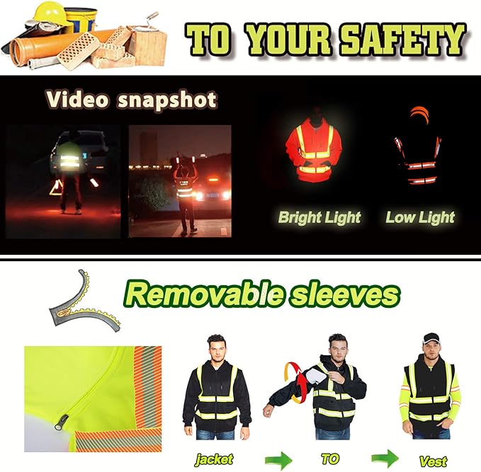 YOWESHOP High Visibility Reflective Safety Hoodie Jacket With Removable Sleeves Hi Vis Outdoor Protective Workwear Unisex
