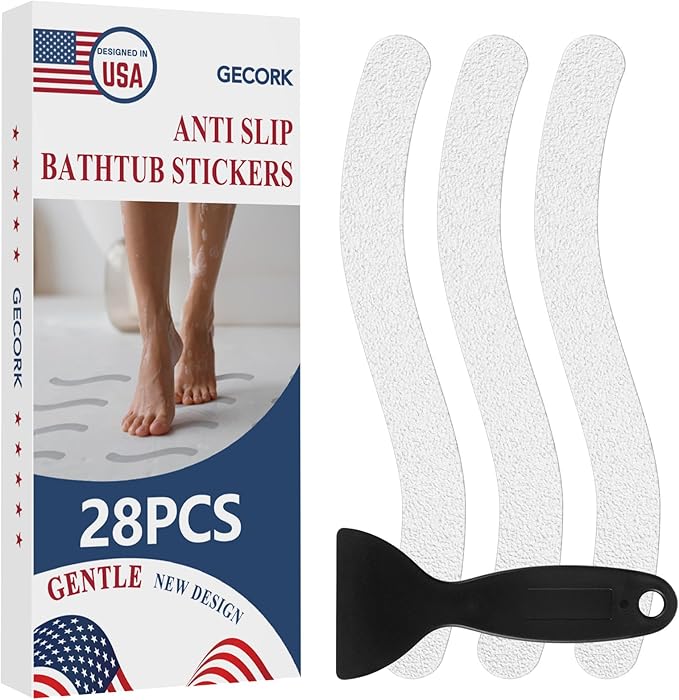 28 PCS Shower Floor Non Slip Stickers with Strong Adhesive, Invisible & Durable Anti Slip Shower Stickers with Scraper for Bath Tub, Pools and Stairs(Clear,Wavy)
