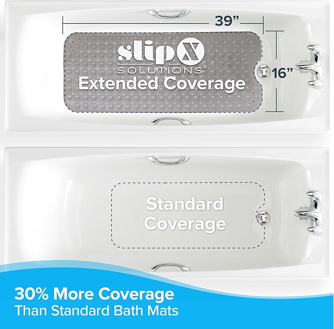 SlipX Solutions Power Grip Extra Long Bath Tub & Shower Mat 39x16, Wet Floor Non-Slip for Elderly & Kids Bathroom, 30% Longer Bathtub Mats, 200 Suction Cups, Drain Holes, Machine Wash, Tan