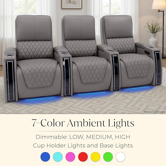 Seatcraft Apex Zero-Gravity CoolZero Italian Leather Home Theater Seating, Powered Headrest, Powered Lumbar, Powered Recline, Row of 4 Right Loveseat, Gray