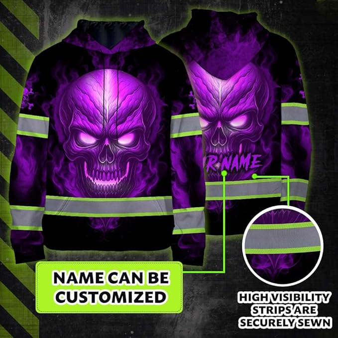 Matedecor Skull US Flag Reflective High Visibility Hoodie For Men Construction Hi Vis Safety Workwear Custom Name