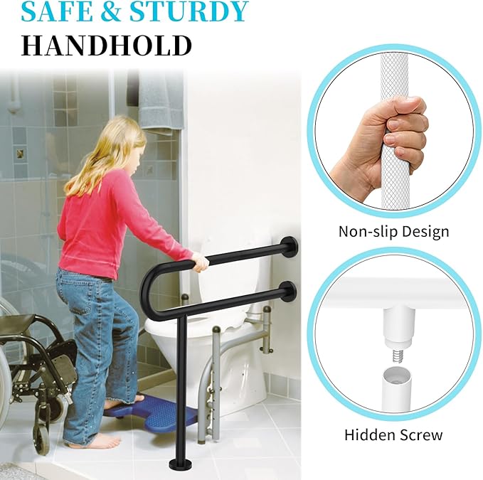 Toilet Support Rail 31.3X 31.5 Inch, Munzong Anti-Slip Black Handicap Grab Bar for Bathroom, Stainless Steel Knurled Safety handrails with Leg for Elderly Disabled Pregnant-1.25’Tube