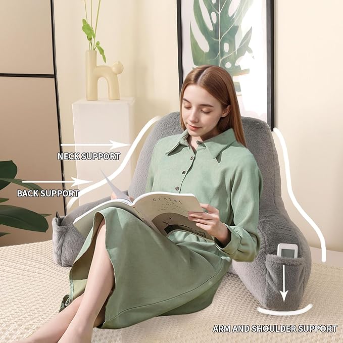 Reading Pillow for Sitting in Bed, Large Backrest Reading Pillow with Arm Rest,Back-Rest Support Cushion for Sit Up on Couch, Sofa, and Floor, Dorm Essentials (Gray Faux Fur, Large(19"))