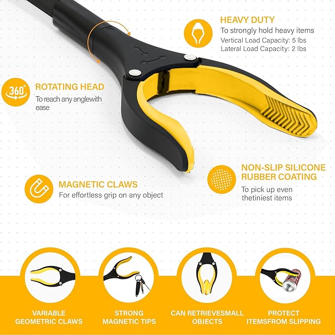 2 Pack 32 inch FDA Registered GrabRunner Folding Reacher Grabber Tool with Strong Magnetic and Swivel Head &Shoehorn (Yellow Yellow)