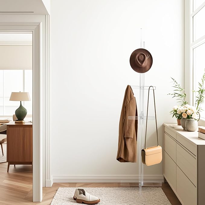 Acrylic Coat Rack with 10 Hooks Freestanding Modern Coat Hanger Stand with Anti-slip Strips Hall Tree for Clothes Handbags Hats Scarves in Entryway Office Bedroom Hallway