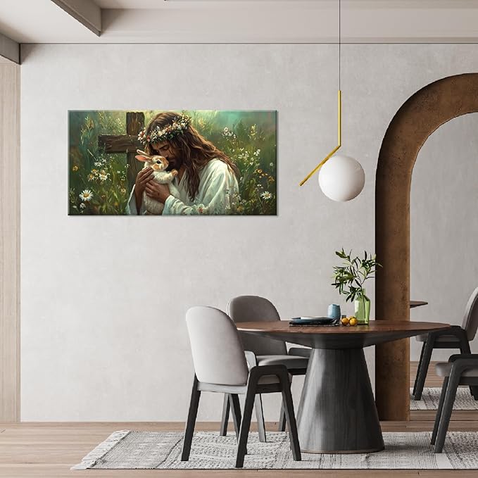 Green Jesus Love Wall Art for Living Room Canvas Painting Prints GOD Embrace Rabbit Bunny Spiritual Faith Crucifix Cross Vintage Art Deco Spring Artwork Office Bedroom Farmhouse Decor Extra Large