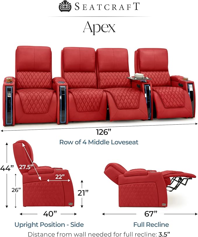 Seatcraft Apex Zero-Gravity CoolZero Italian Leather Home Theater Seating, Powered Headrest, Powered Lumbar, Powered Recline, Row of 4 Middle Loveseat, Red