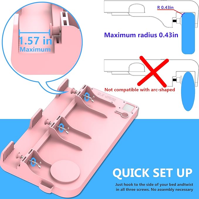 Bedside Shelf for Dorm Bunk Bed with USB Charging Port and 2 AC Outlets, Bed Side Table Tray Organizer, College Dorm Essential Clip On Bedside Tray, Loft Nightstand Decor, Plus Size, Pink