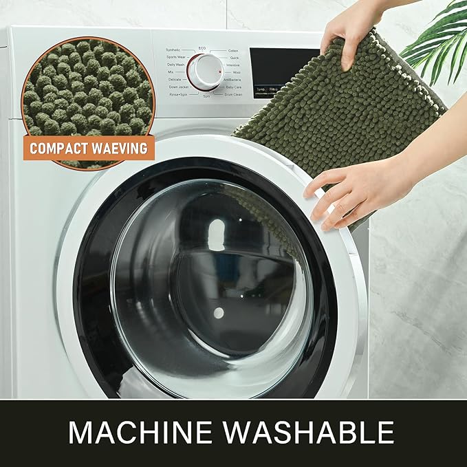 LOCHAS Luxury Bathroom Rug Shaggy Bath Mat 24 x 80 Inch, Washable Non Slip Bath Rugs for Bathroom Shower, Soft Plush Chenille Absorbent Carpets Mats, Olive Green