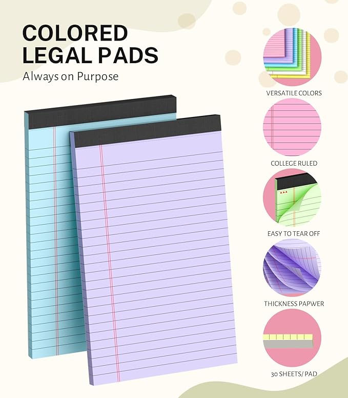36 Pack Note Pads 5x8, Narrow Ruled Legal Pad, Multicolor Small Writing Pads, 30 Sheet/notepad,Colored Legal Pads, Pink Lined Notepad, Purple Notepads, Perforated Lined Note Pads for Study,Office,Home