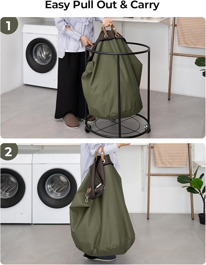 StorageWorks 170L Rolling Laundry Basket, Clothes Hamper with Wheels, Round Clothing Cart with Steel Frame and Removable Bag, 4 Casters and 2 Brakes, Green, 1-Pack