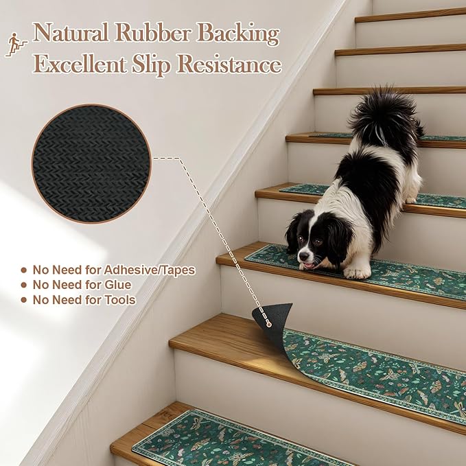 OJIA Insect Print Stair Treads Non Slip 15PCS, 8"x30" Stair Runner for Wooden Steps Indoor, Rubber Stair Mats Residue-Free Staircase Step Treads for Kids, Elders, Pets, Dark Green